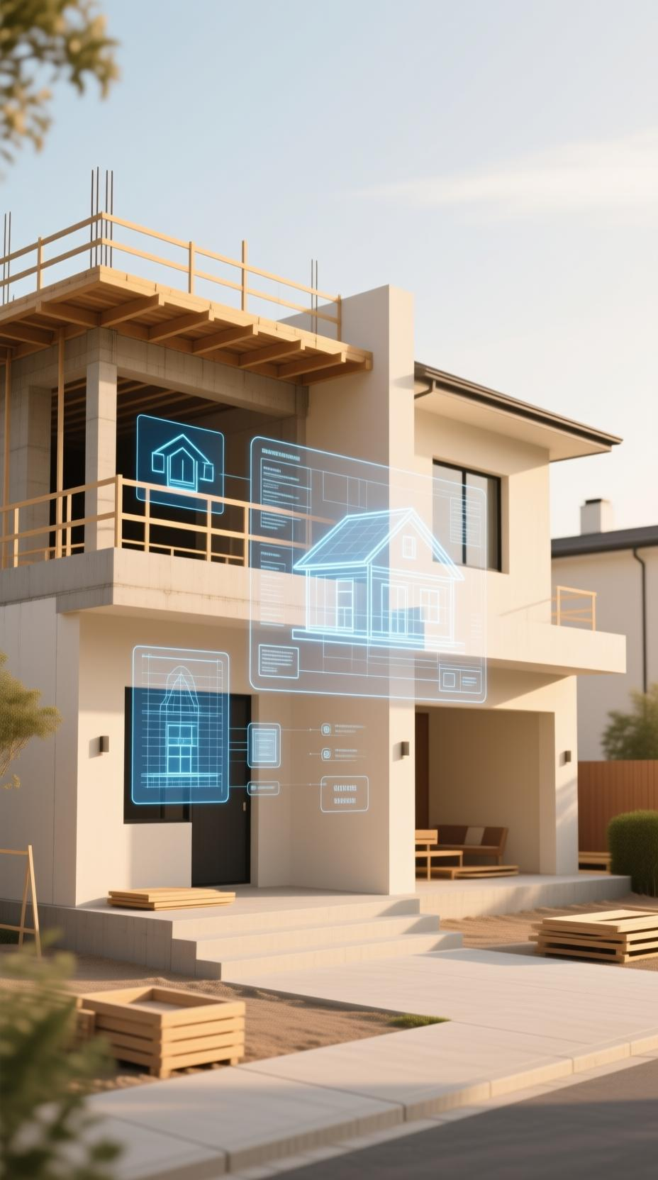 Modern home with AI technology overlay showing smart home features